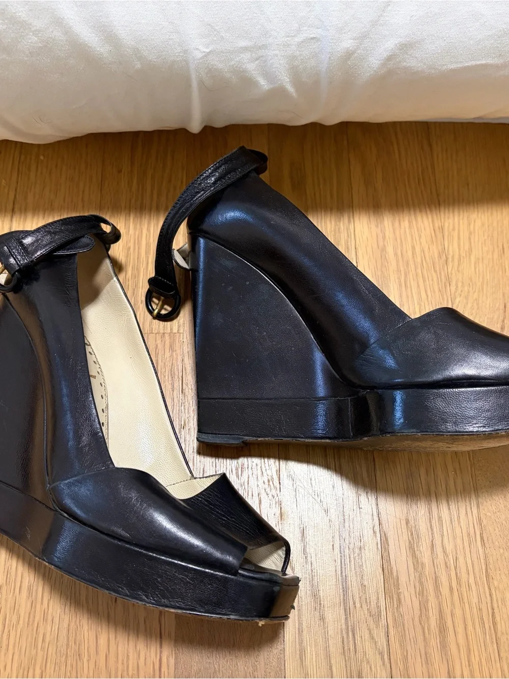 Yves Saint Laurent Black Leather Peep-Toe Ankle-Strap Wedges